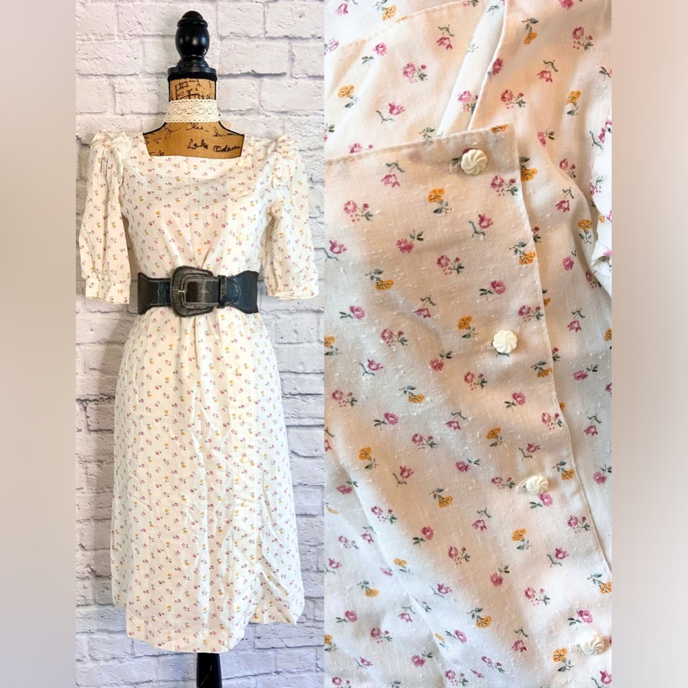 Vintage 1980s Midi Dress Coquette Ditzy Floral Romantic Feminine Cottagecore